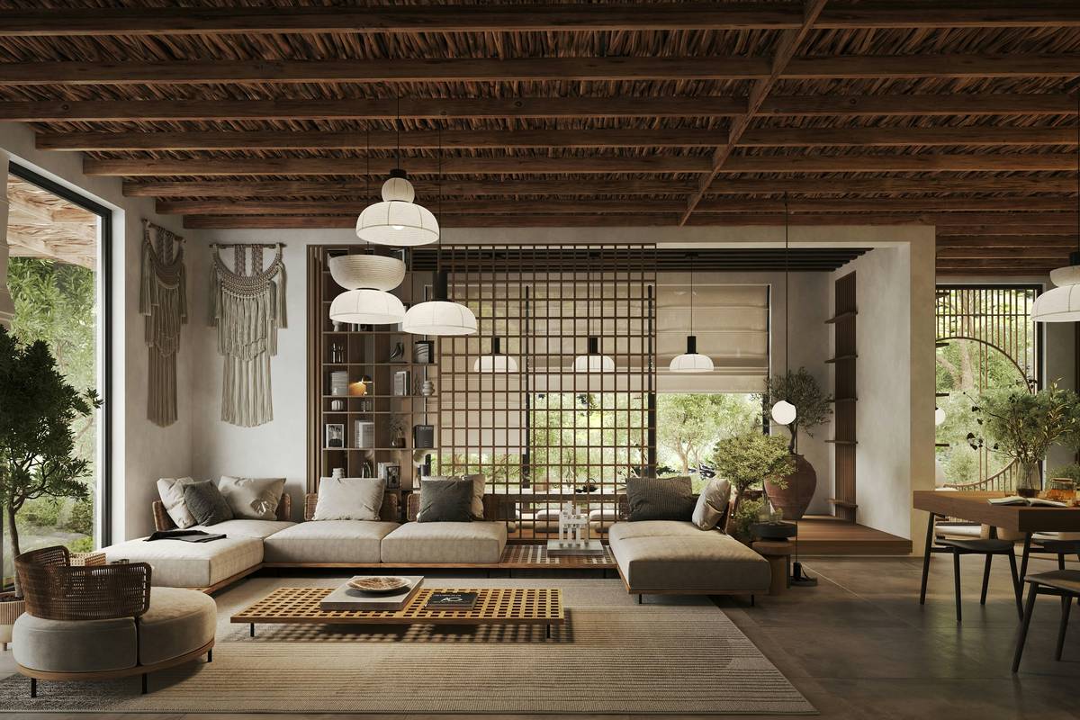 Minimalist tropical furniture design featuring mahogany coffee table and neutral linen sofa