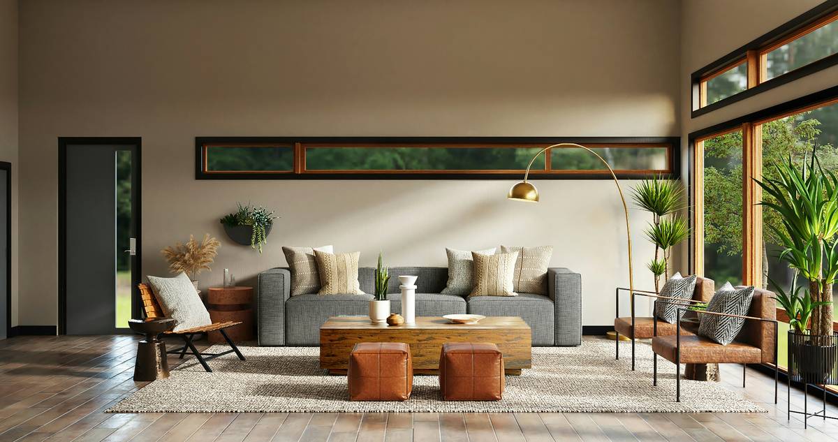 Tropical style living room furniture arrangement with rattan chairs and mahogany side table
