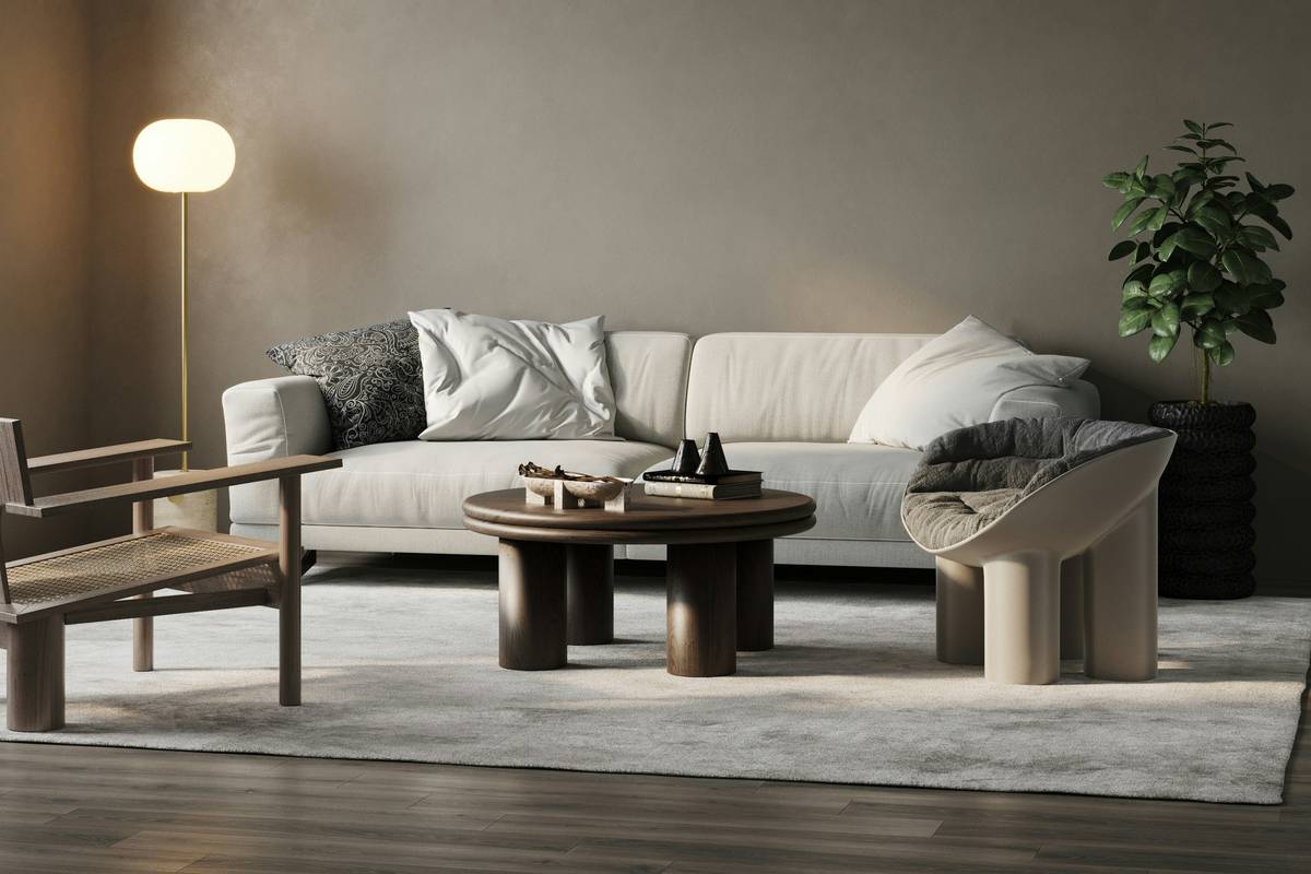 Modern tropical style living room furniture featuring mahogany console and neutral textiles
